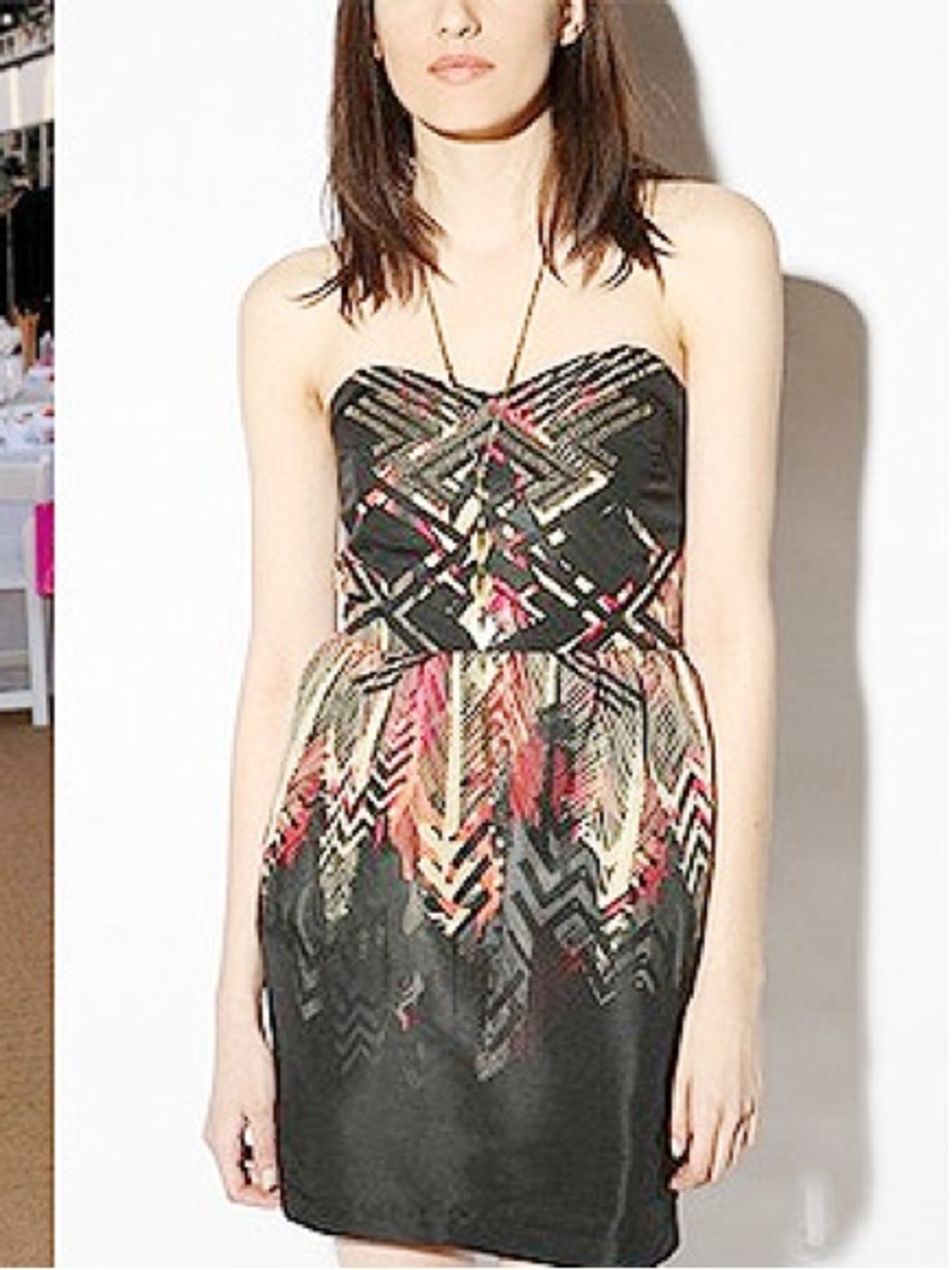 Ecote Strapless Black Sundress with Multicolor Feather Print